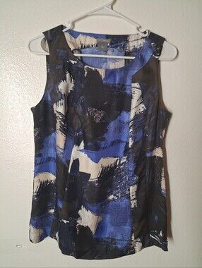 ANN TAYLOR Abstract Brushstroke Side Zip Blouse Top Size 8 Blue Black